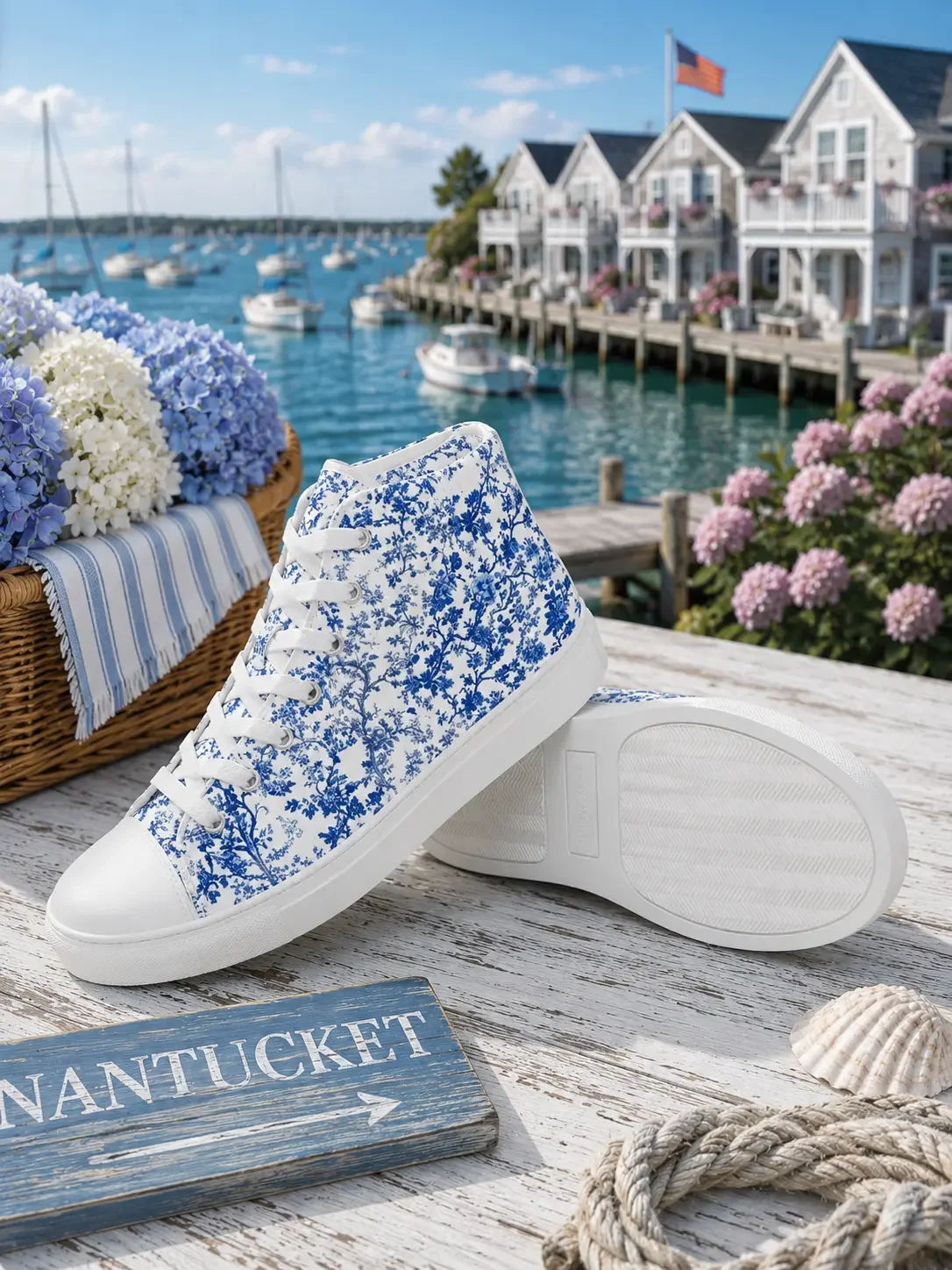 White high-top canvas sneakers with a blue floral toile pattern displayed on a wooden deck in Nantucket overlooking the harbor.