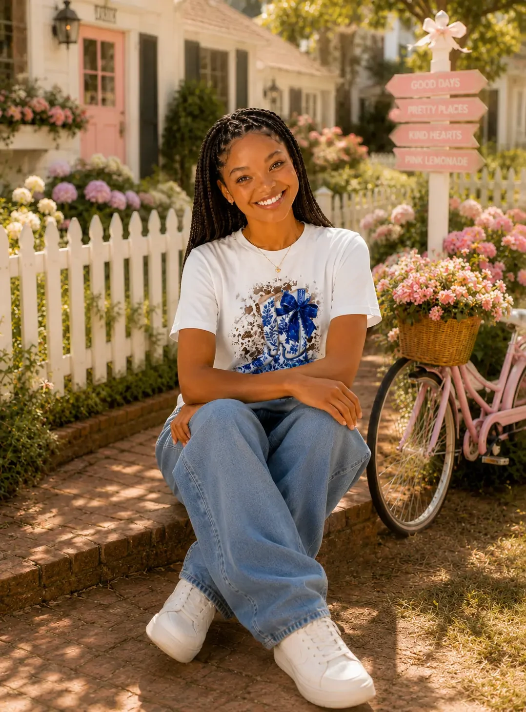 Smiling woman sitting on brick steps wearing a white blue floral cowboy boots graphic t-shirt, baggy jeans, and white sneakers.