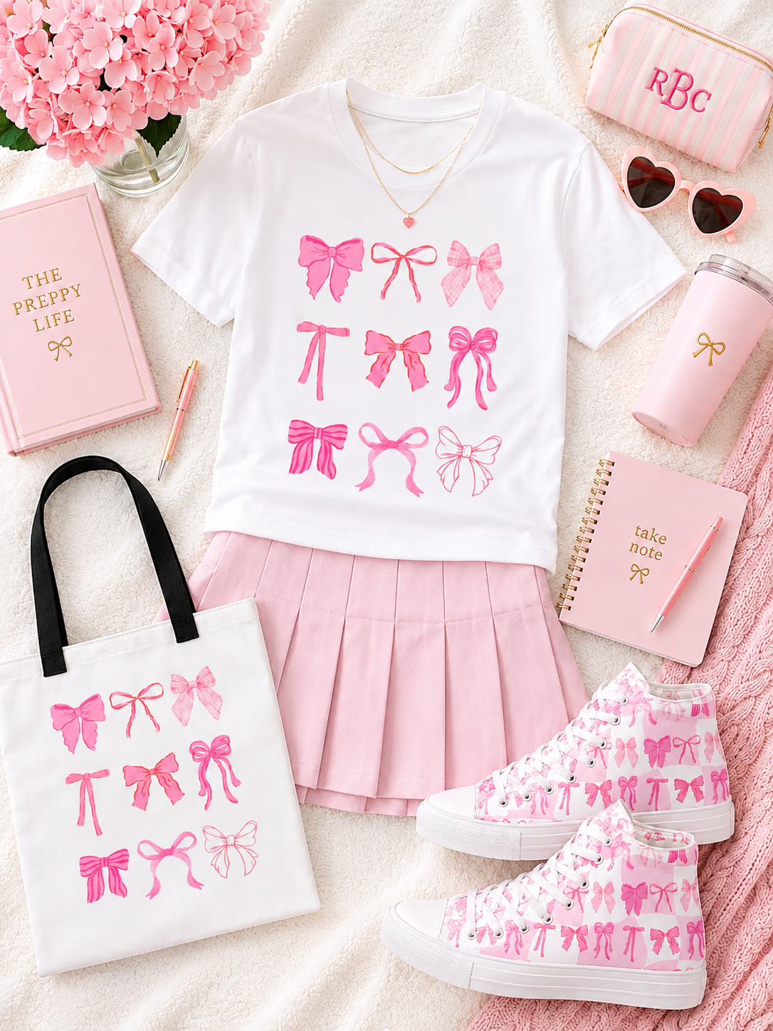 Flat lay of a white t-shirt with pink bows, matching pleated skirt, tote bag, canvas high-tops, and pink accessories.