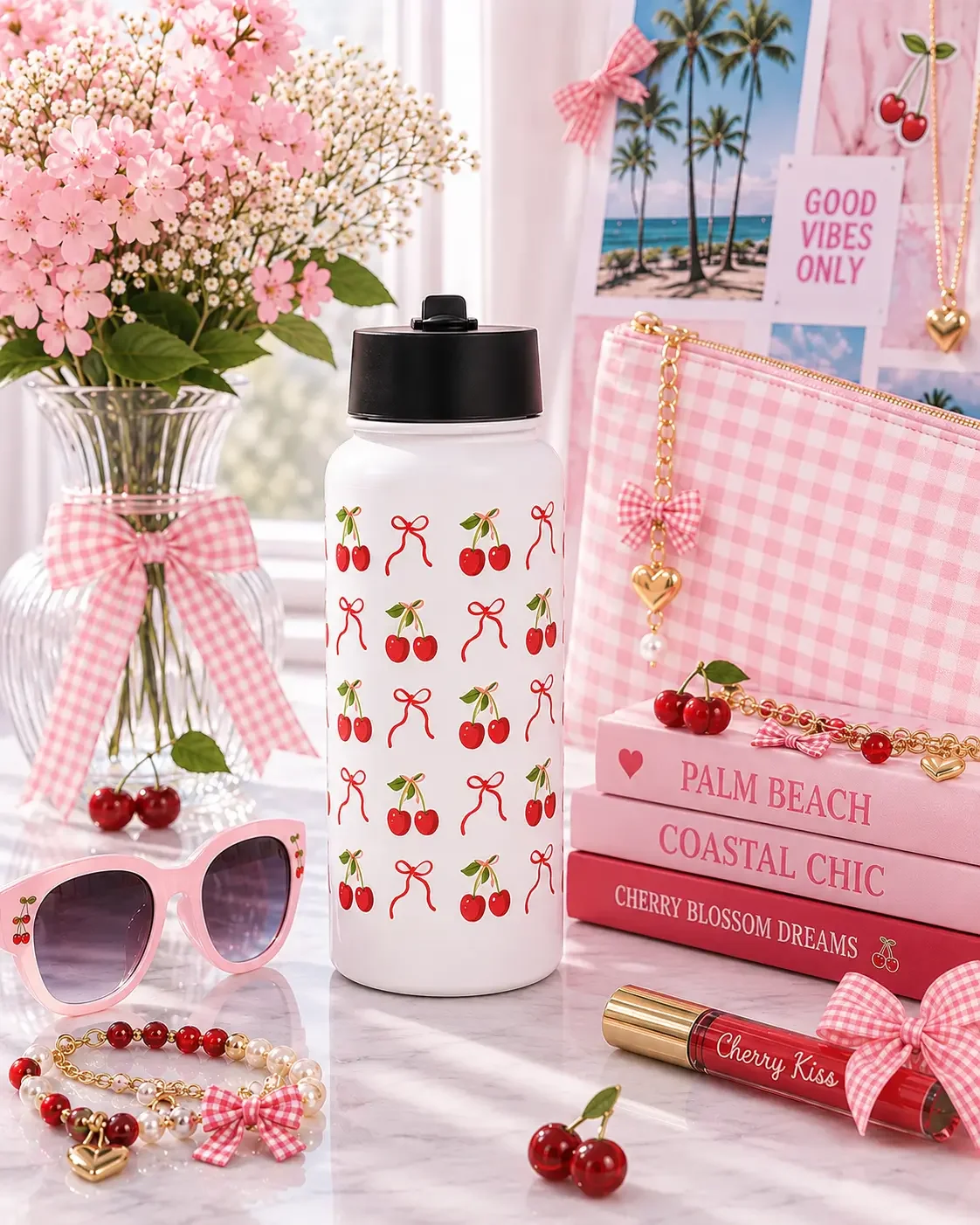 cherry-bow-insulated-water-bottle-palm-beach-flatlay.webp