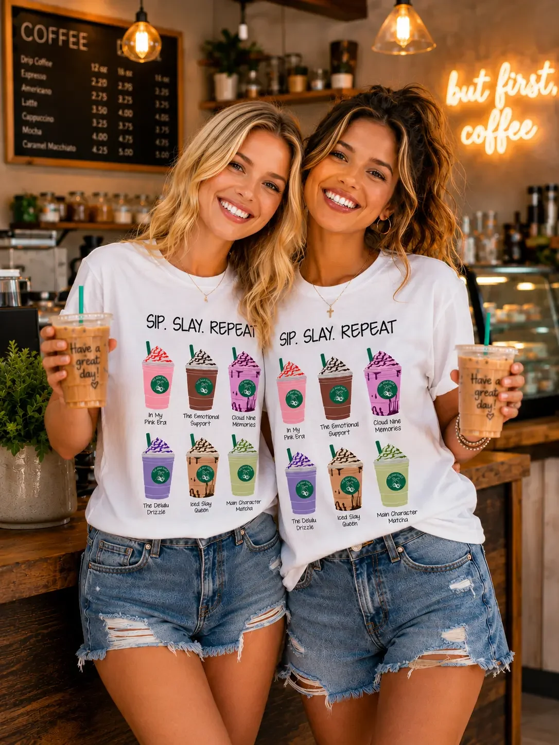 Two smiling women matching in white "Sip. Slay. Repeat." coffee graphic t-shirts and distressed denim shorts inside a cafe.