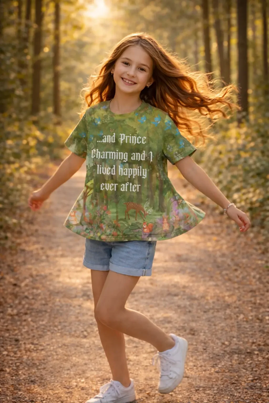 Action shot of a smiling young girl twirling on a sunlit forest path wearing a green fairytale forest graphic tee, denim shorts, and white sneakers.