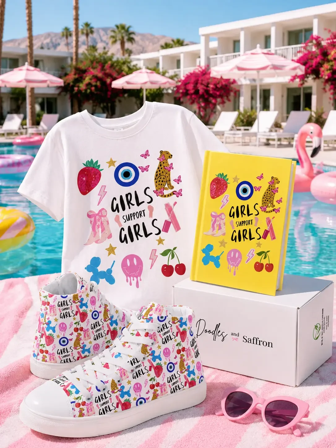 White graphic t-shirt, matching canvas sneakers, a yellow journal, and a branded shipping box displayed next to a resort pool.