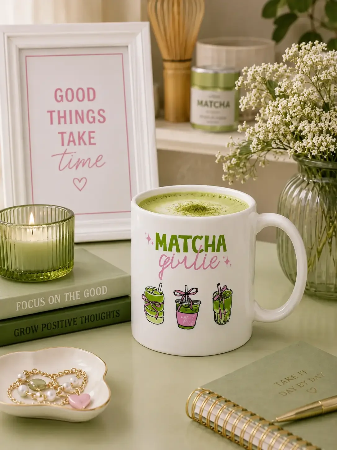 White Matcha Girlie mug filled with a frothy iced matcha latte on a green desk surrounded by motivational books and flowers.
