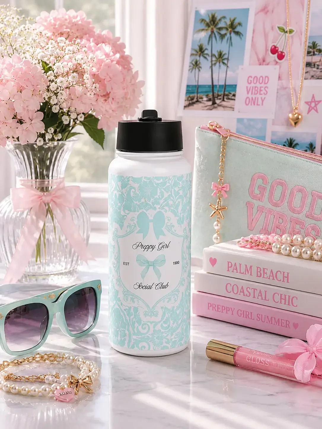 Blue Damask "Preppy Girl Social Club" Water Bottle