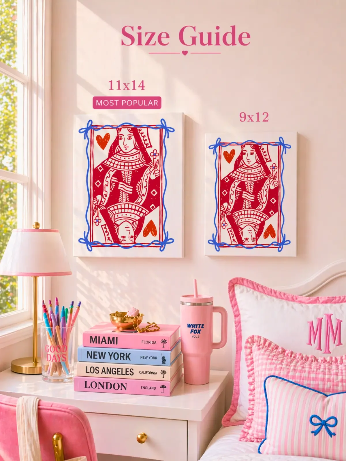 Size guide for Doodles and Saffron comparing 11x14 and 9x12 inch Queen of Hearts playing card canvas prints on a pastel wall.