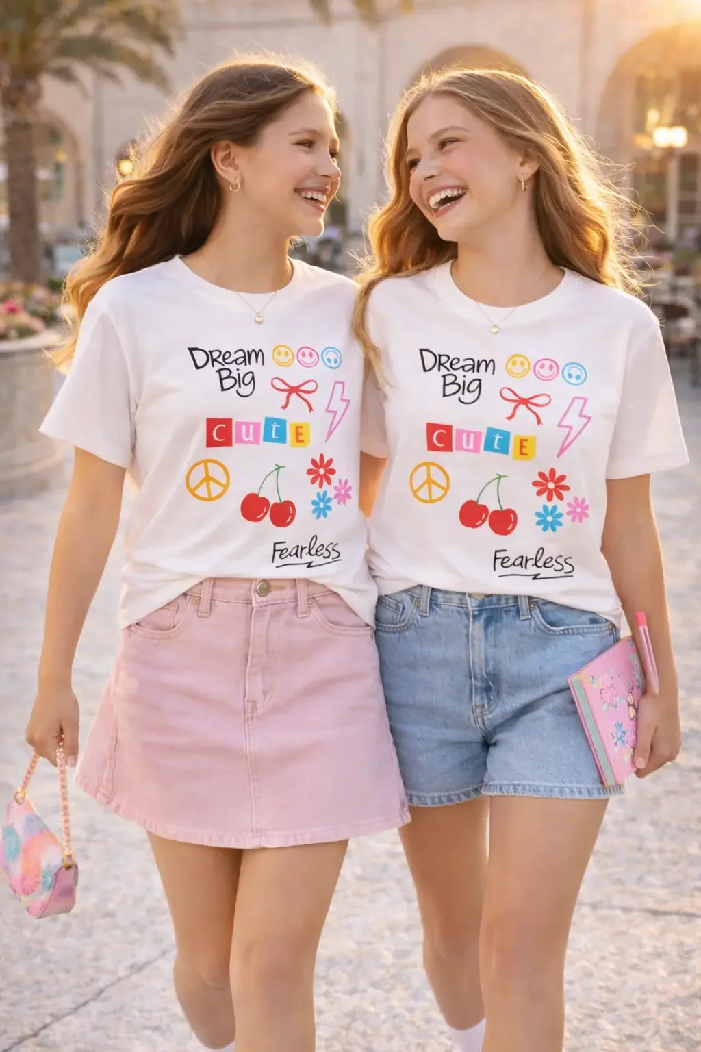 Two teenage girls laughing and walking outdoors together wearing matching white "Dream Big" graphic doodle t-shirts.