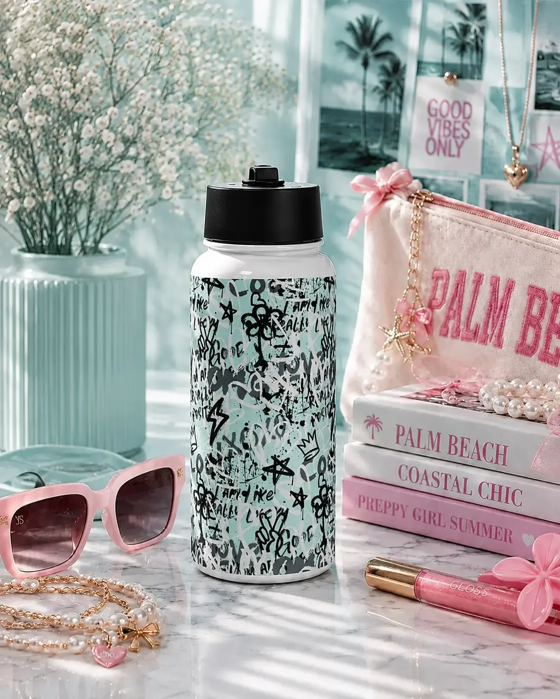 A graffiti water bottle stands beside pink books, a Palm Beach pouch, pink sunglasses, and fresh flowers on marble.