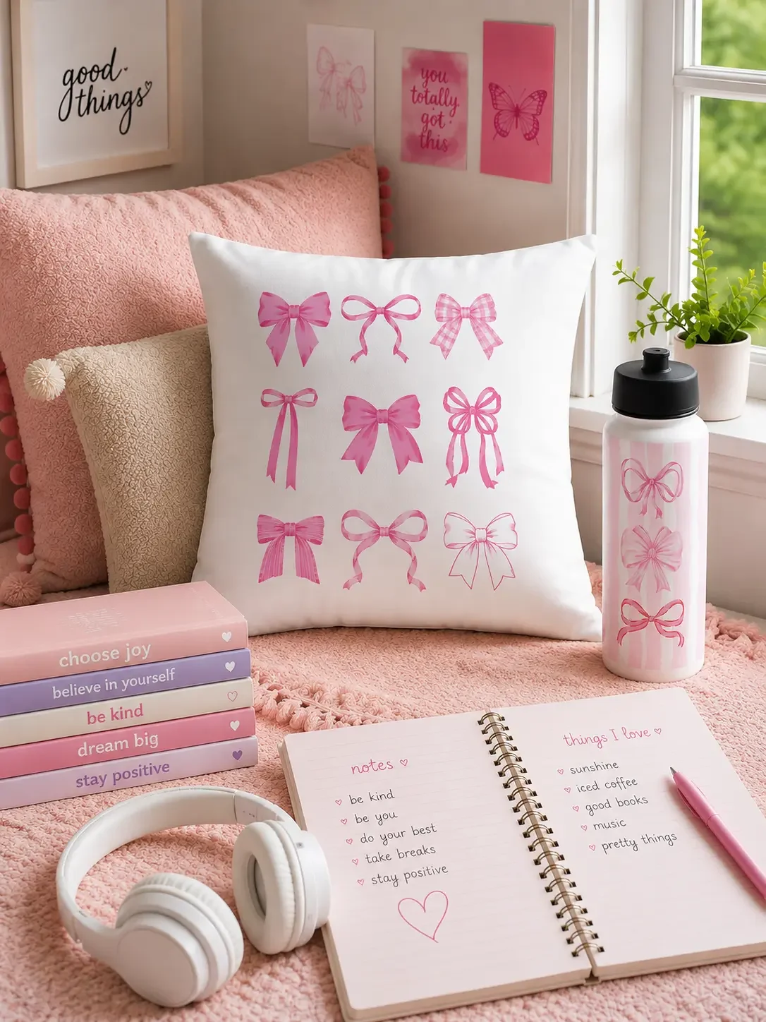 doodles-and-saffron-pink-coquette-bows-throw-pillow.webp