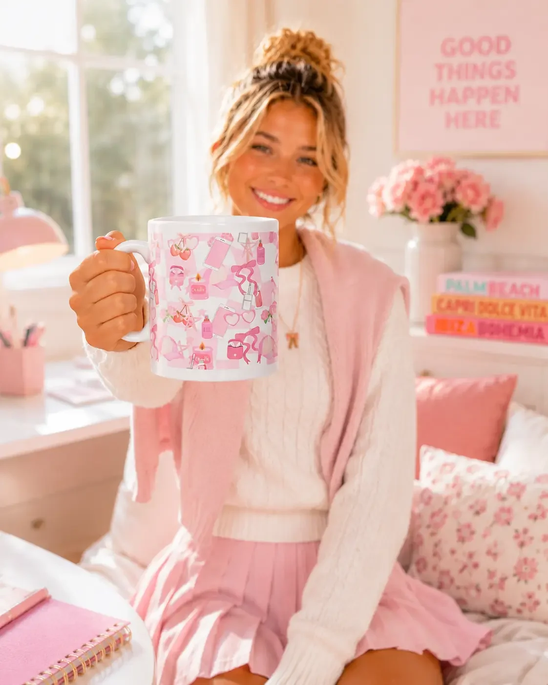Smiling blonde woman holding up a pink preppy pattern ceramic mug toward the camera in a brightly lit room.