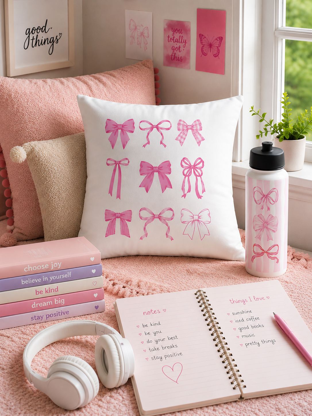 The Doodles and Saffron throw pillow featuring nine pink ribbon bows styled on a pink bed with a matching bow water bottle and journal.