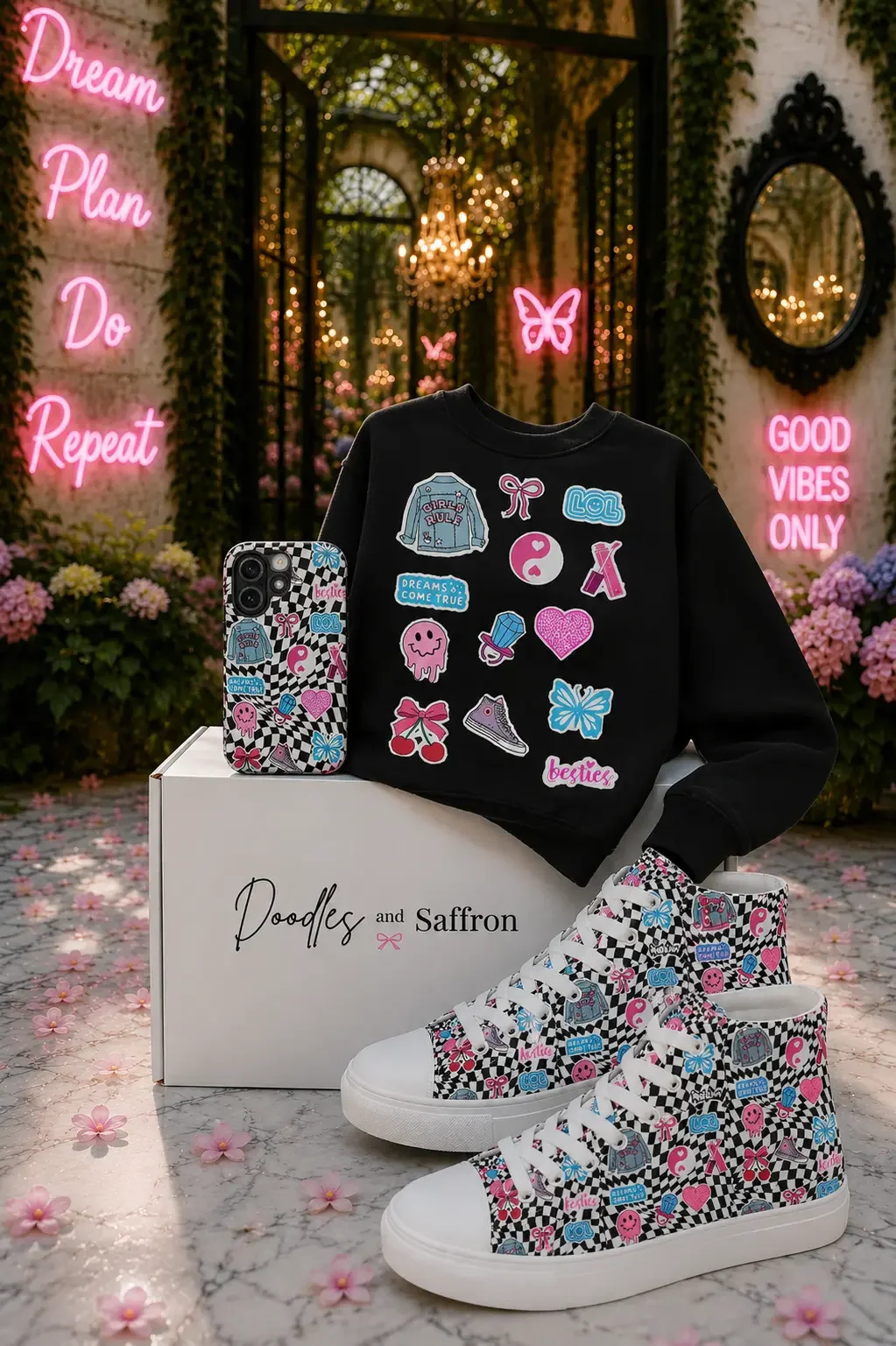 A black sweatshirt, checkerboard phone case, and high top sneakers with colorful retro sticker graphics by a white box.