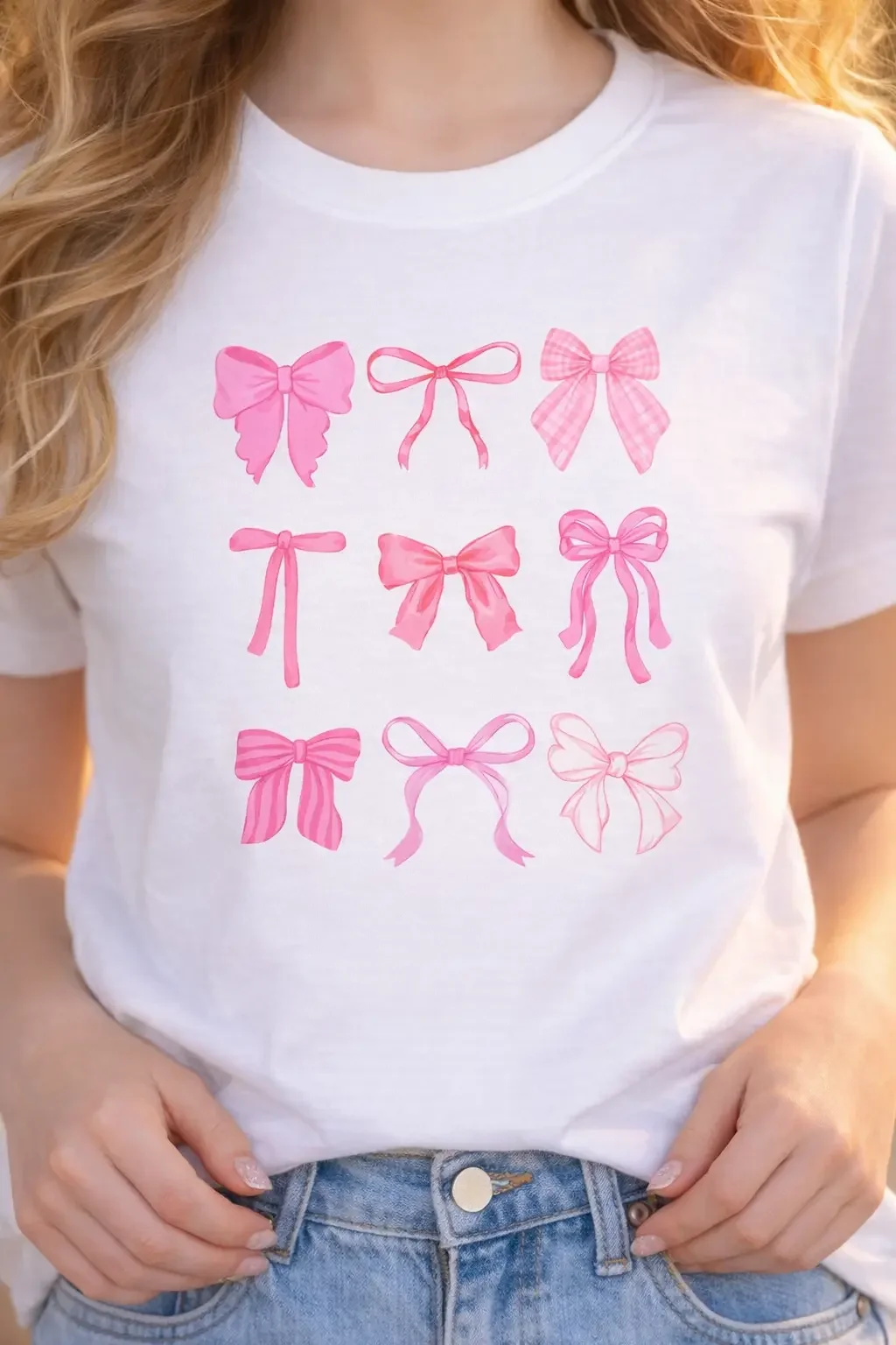 Close-up of a white graphic tee showing a grid of pink coquette style bows.