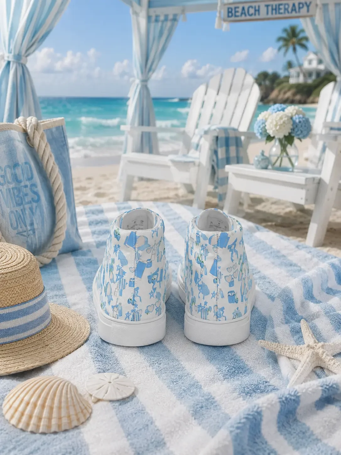 Back heel view of blue coastal charm print high-top canvas sneakers on a striped beach towel with ocean waves background.