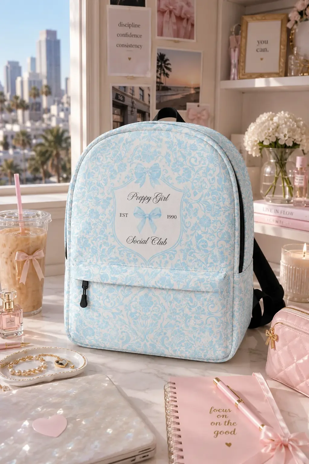 Light blue and white floral patterned backpack sits on a desk styled with pink notebooks, iced coffee, and candles.