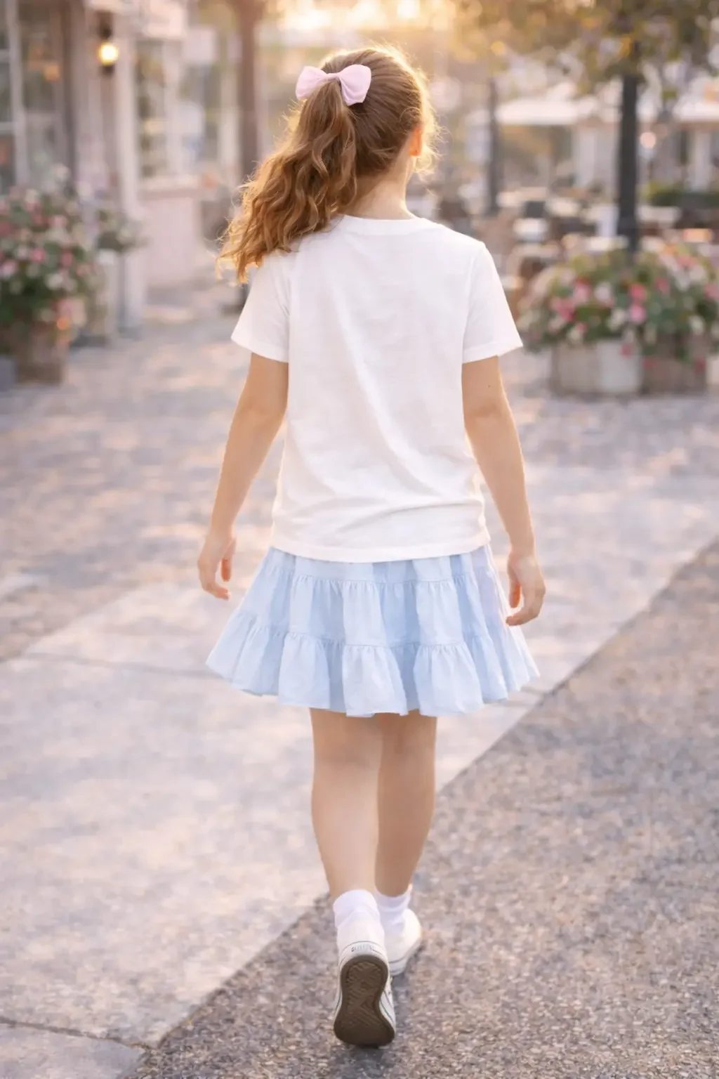 Back view of a young girl walking down an outdoor path wearing a plain white t-shirt, light blue ruffled tiered skort, and a pink hair bow.