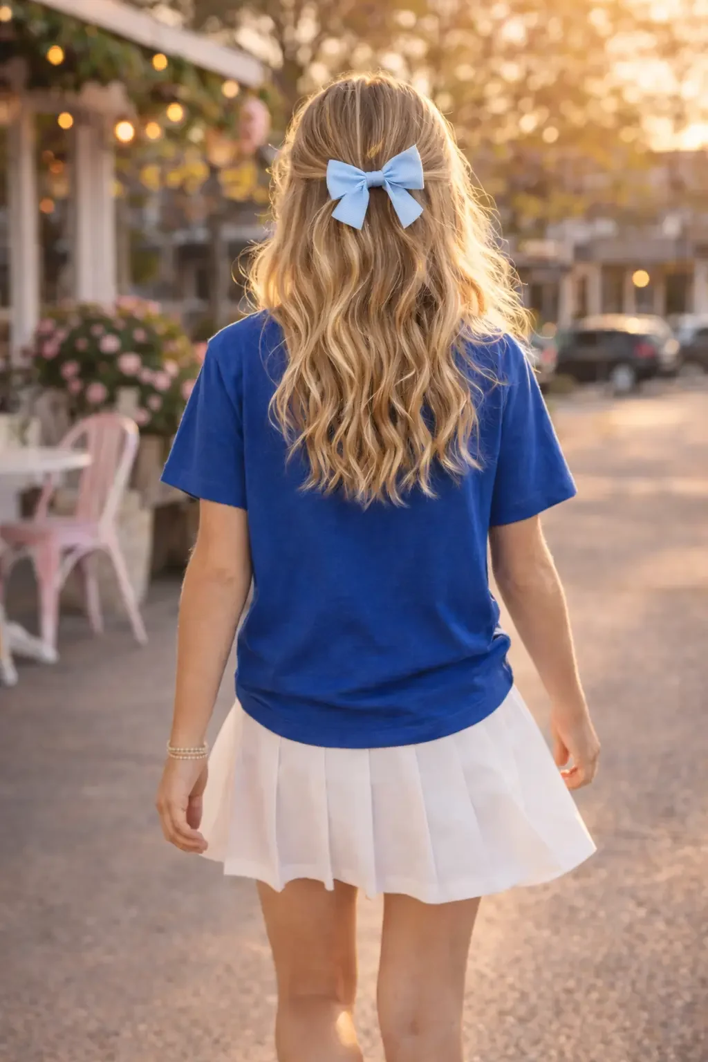 Back view of a girl walking down a sidewalk wearing a blue t-shirt, white pleated skirt, and a light blue hair bow clip.