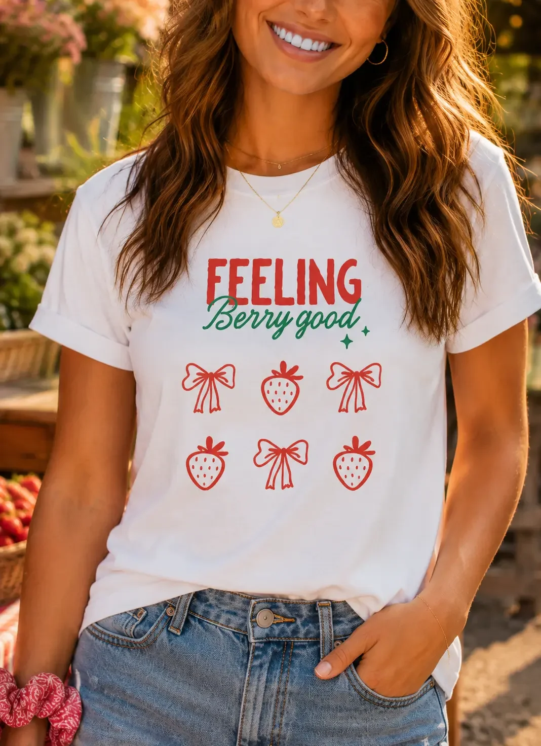 Close-up of a woman wearing a white "Feeling Berry Good" t-shirt with red strawberry and coquette bow graphics.