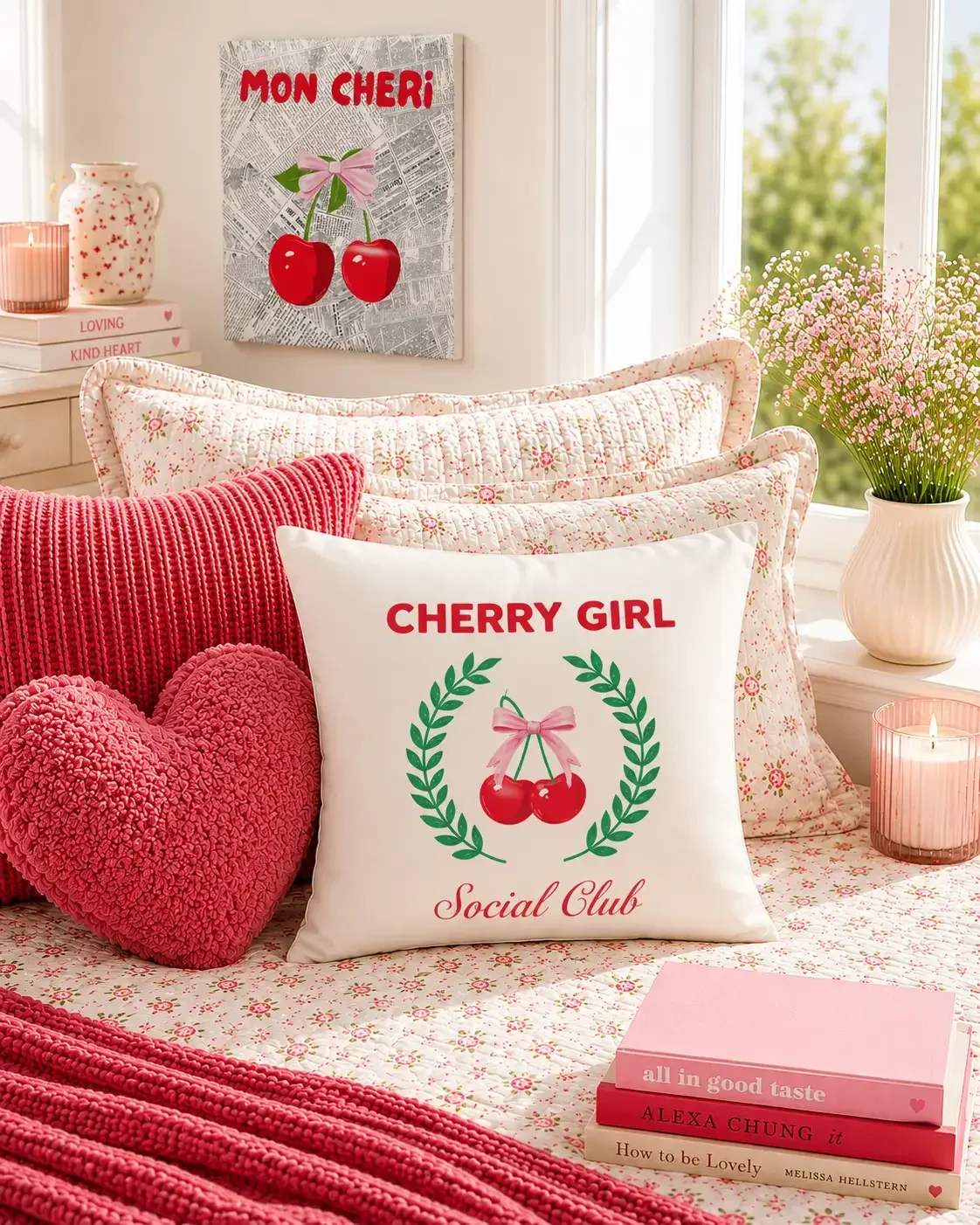 A square decorative pillow with a green laurel wreath and red cherries resting against floral pillow shams in a bright bedroom.