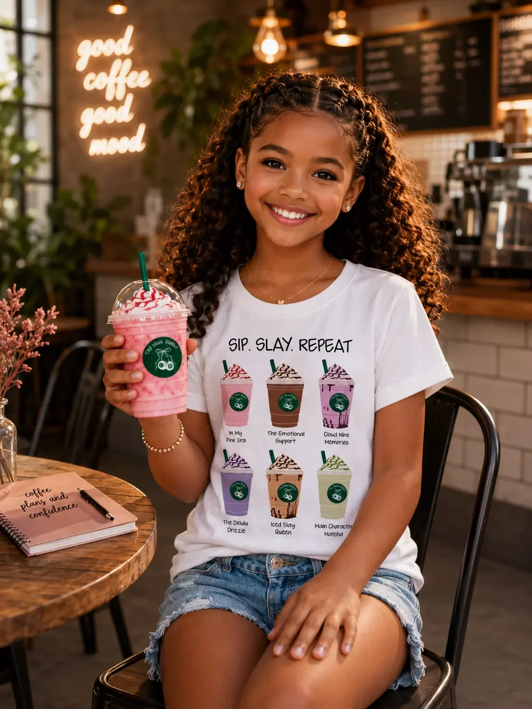 Smiling young woman sitting at a table in a cafe wearing a white Sip Slay Repeat graphic t-shirt and denim shorts.