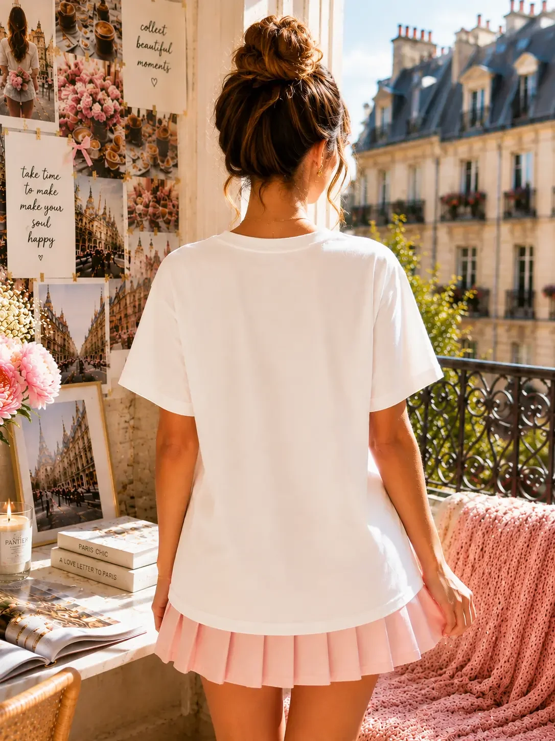 Rear view of a woman in a white short-sleeve t-shirt and pink pleated miniskirt facing a Parisian balcony.