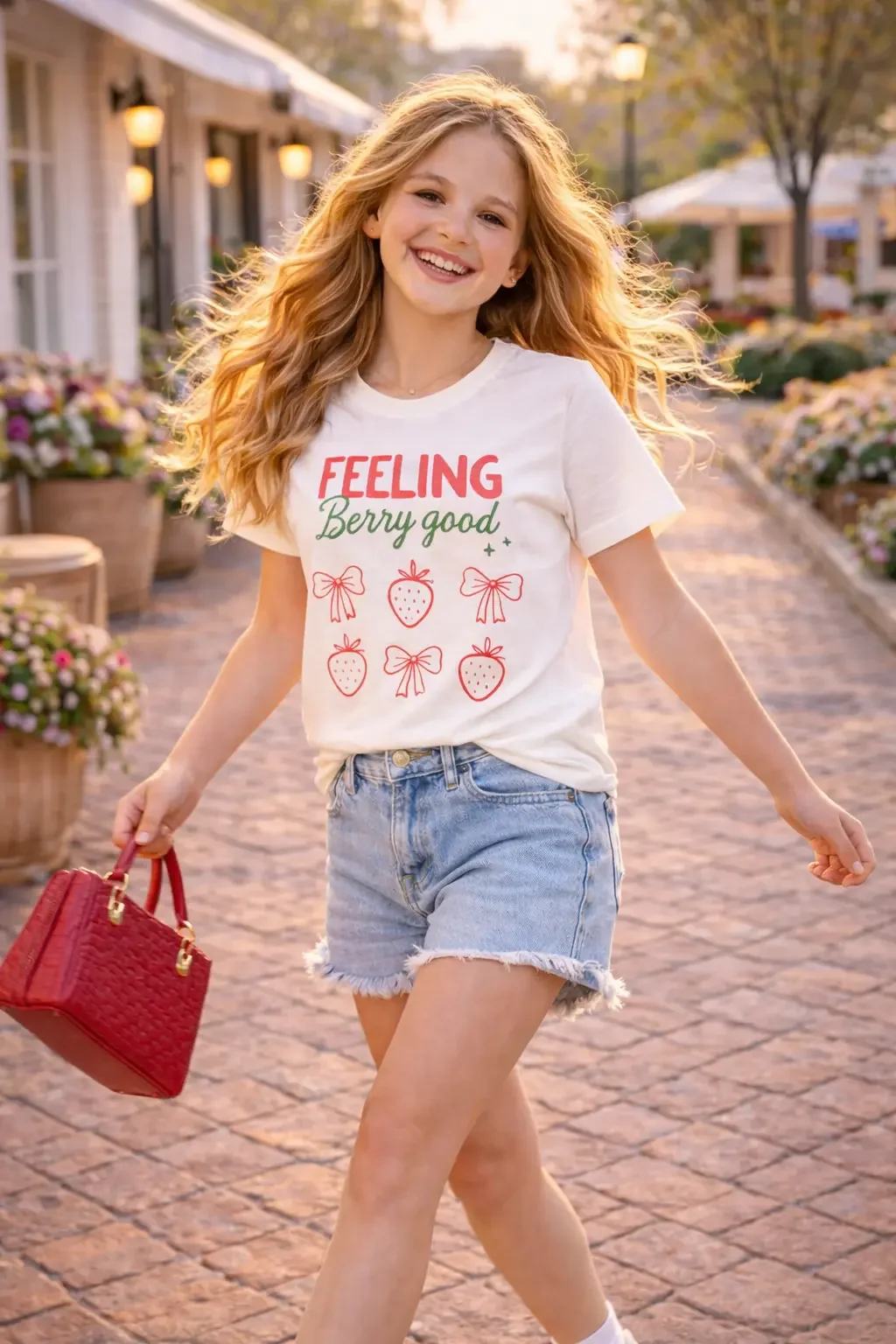 Action lifestyle view of a smiling young girl joyfully skipping down a brick sidewalk wearing a white "Feeling Berry Good" strawberry t-shirt, frayed denim shorts, and a red handbag.