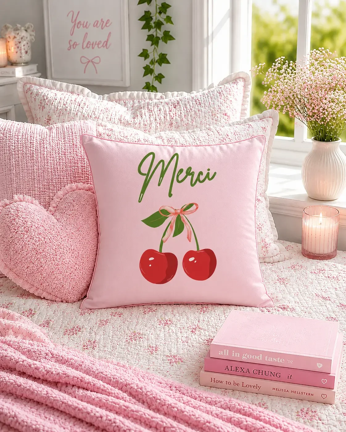Close-up lifestyle shot of a pink French script cherry pillow styled with a candle, a heart cushion, and ruffled floral quilts.