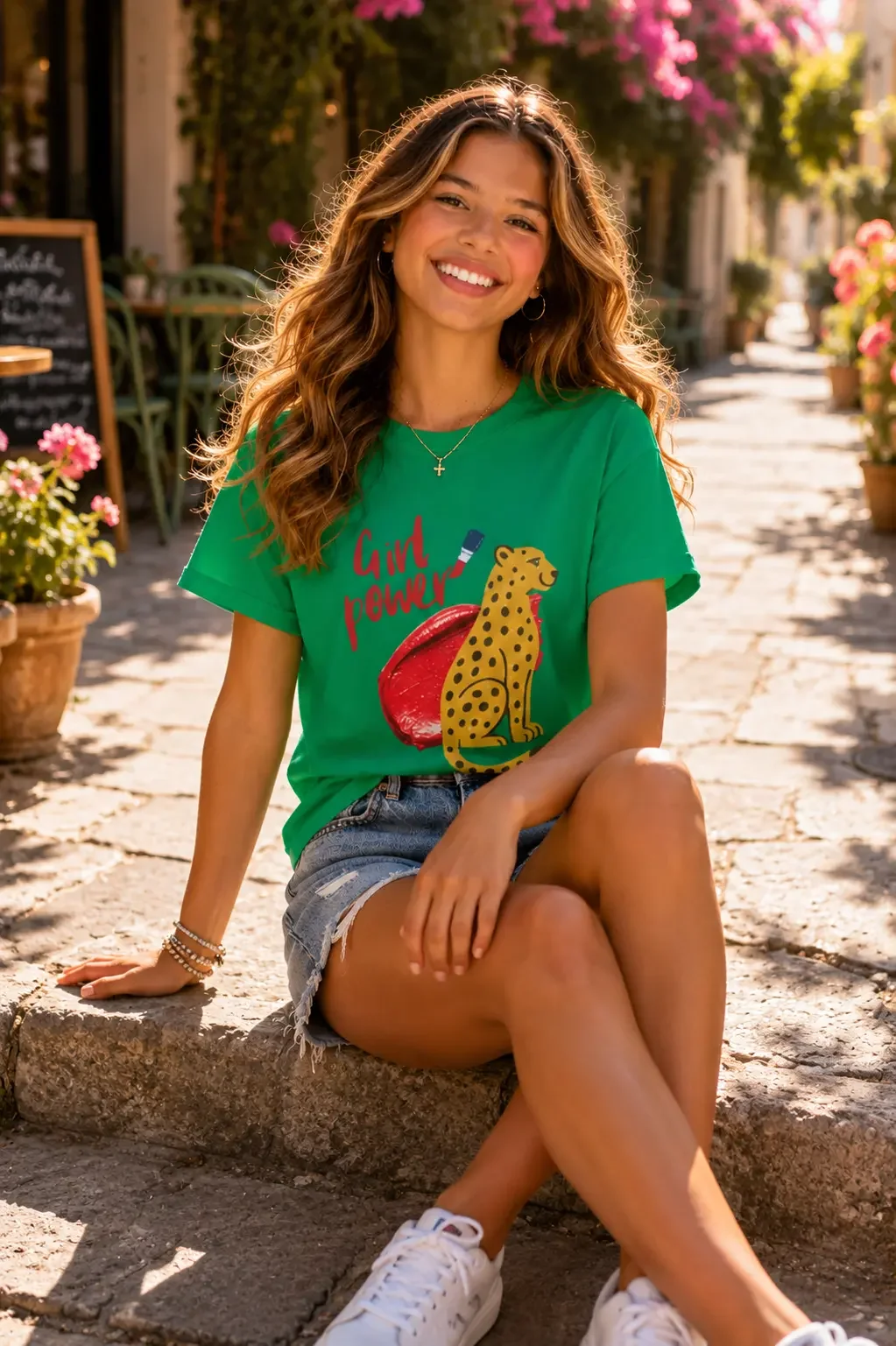 Smiling young woman sitting on stone steps in a courtyard wearing a green Girl Power cheetah graphic t-shirt and denim shorts.