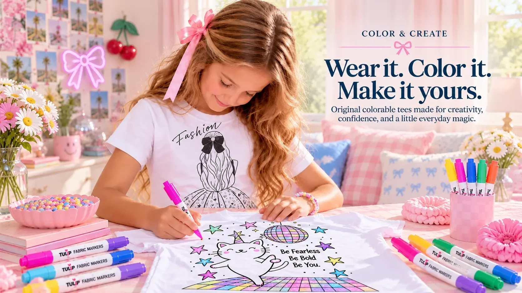 • A young girl coloring a white cat and disco ball graphic t-shirt with Tulip fabric markers in a pink bedroom.