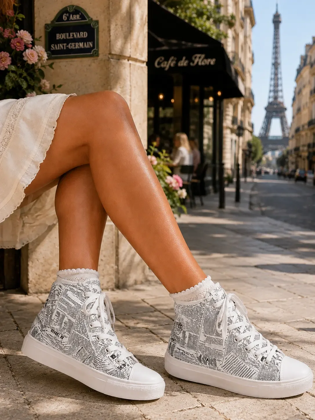 Close-up of a person standing near Café de Flore wearing white newspaper print high-top canvas sneakers with the Eiffel Tower behind.