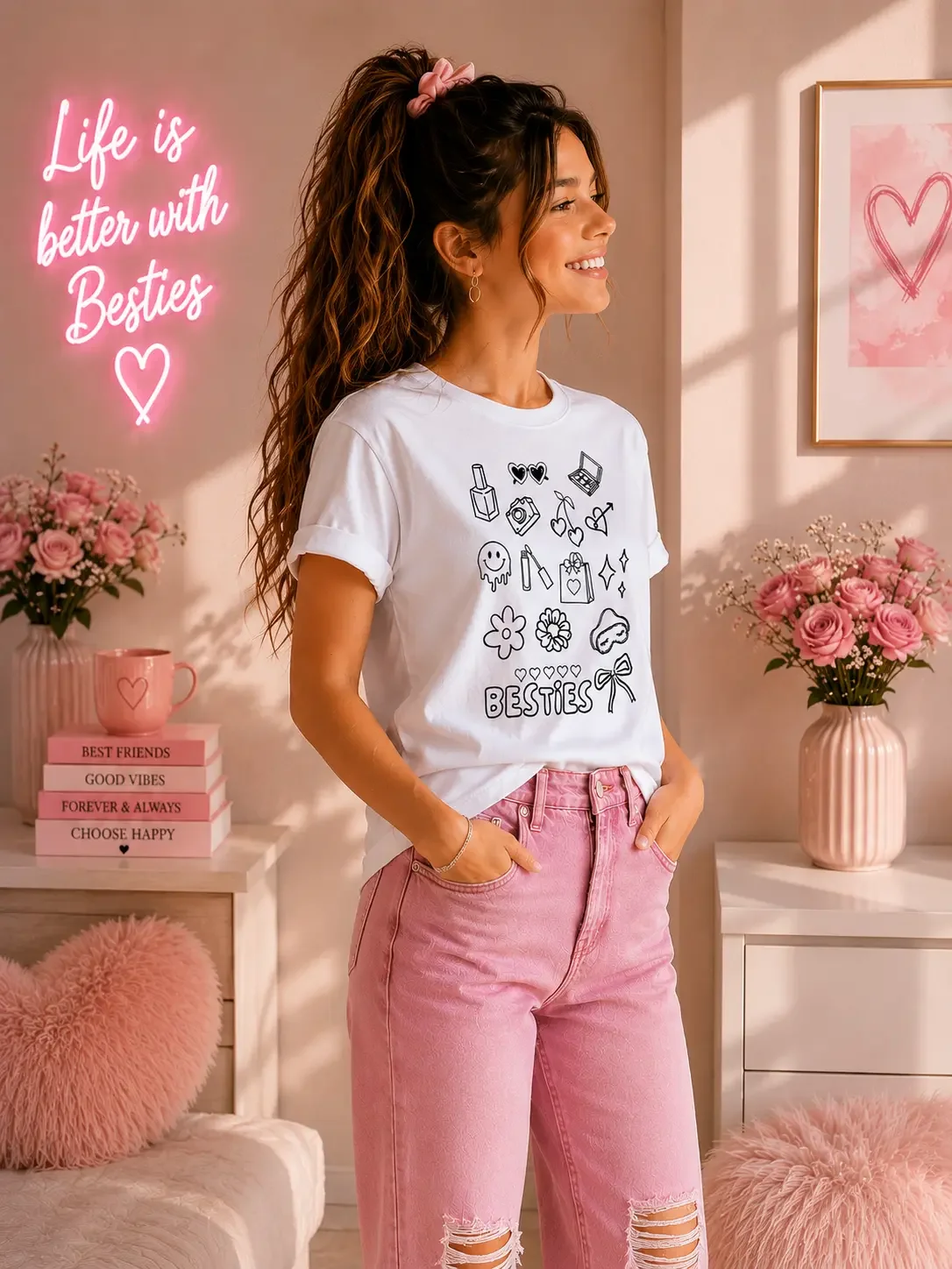 Woman in profile wearing a customizable Besties line art graphic tee in a pink preppy aesthetic room.