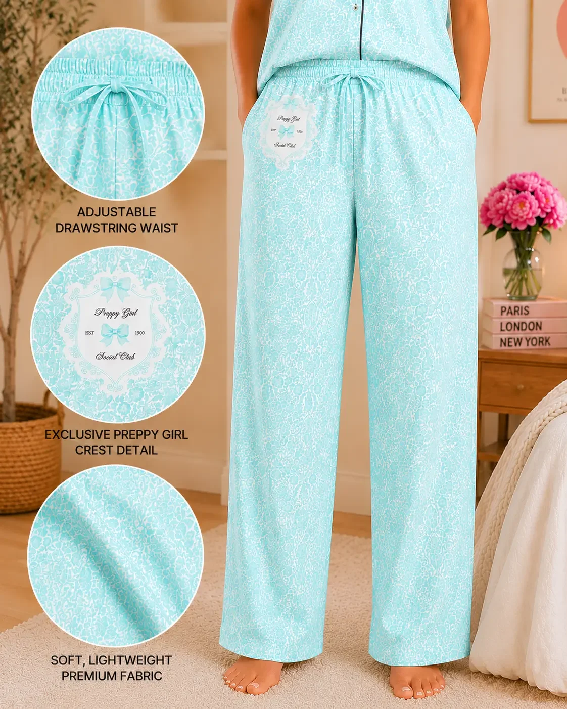 Preppy Girl Social Club infographic for blue patterned pajama pants featuring premium soft fabric and drawstring waist.