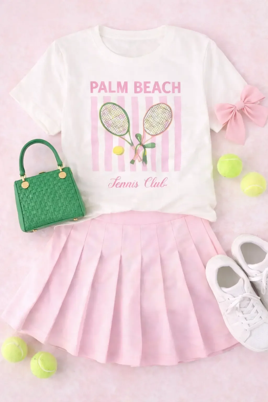 Flat lay outfit featuring a palm beach tennis club graphic shirt, pink pleated skirt, green woven mini bag, white sneakers, tennis balls, and a pink bow.