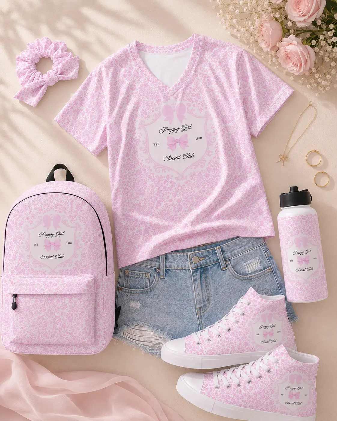 Flatlay of a pink floral bow scrunchie on pink stripes with coquette accessories, a book, perfume, and a knit cardigan.