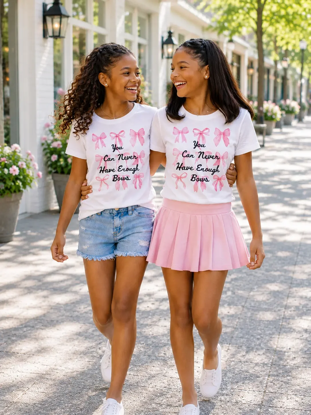 Two girls walking together outside wearing matching white bow graphic t-shirts with denim shorts and a pink pleated skirt.