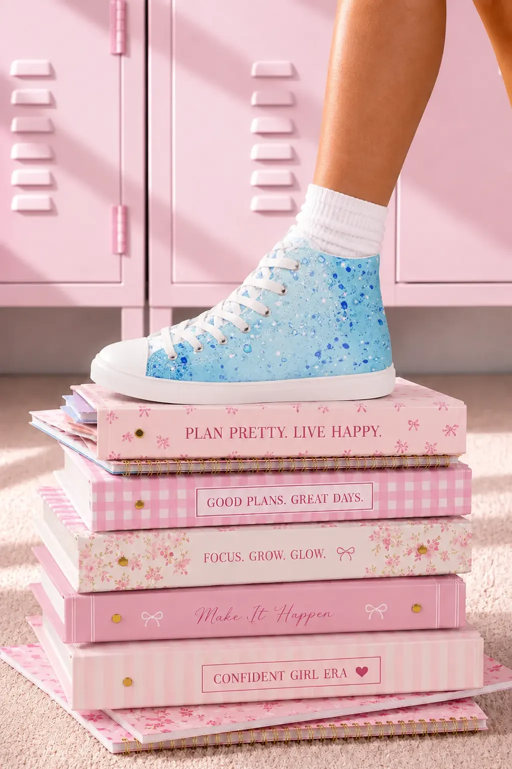 A person wearing a light blue paint splatter high-top sneaker stepping on a stack of pink pastel aesthetic notebooks.