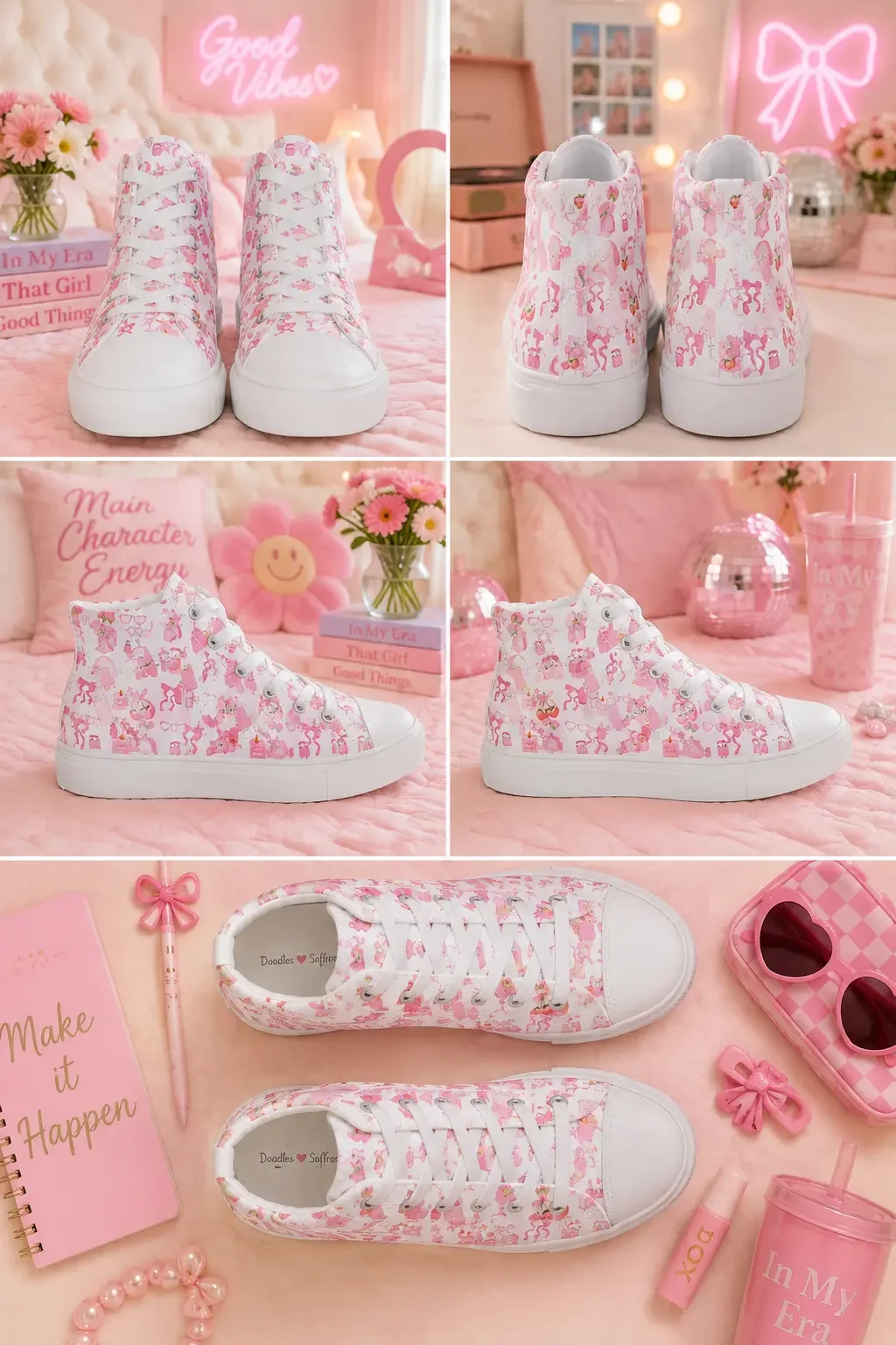 Collage showing five product views of white high-top canvas sneakers with a pink doodle print design in a bedroom setting.