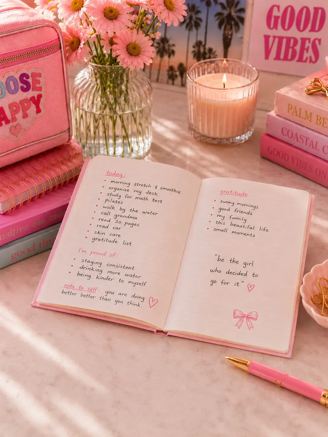 An open journal with a handwritten daily routine and self-care list on a pink desk next to a candle, flowers, and books.