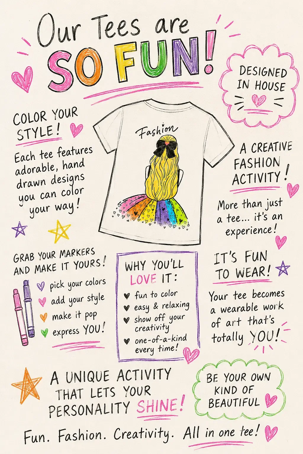 A colorful hand drawn infographic showcasing a colorable fashion t-shirt with a design of a woman in a dress.