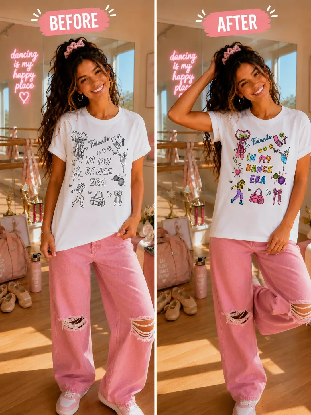 Side-by-side comparison of a unicorn sketch tee changing from black and white outline to vibrant colors outside a shop.