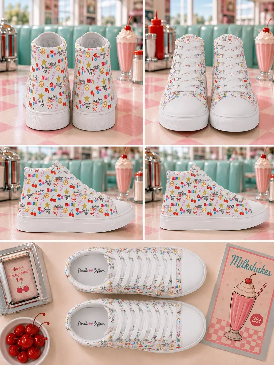 A multi-angle grid collage showcasing white doodle graphic print high-top sneakers from five different perspectives.
