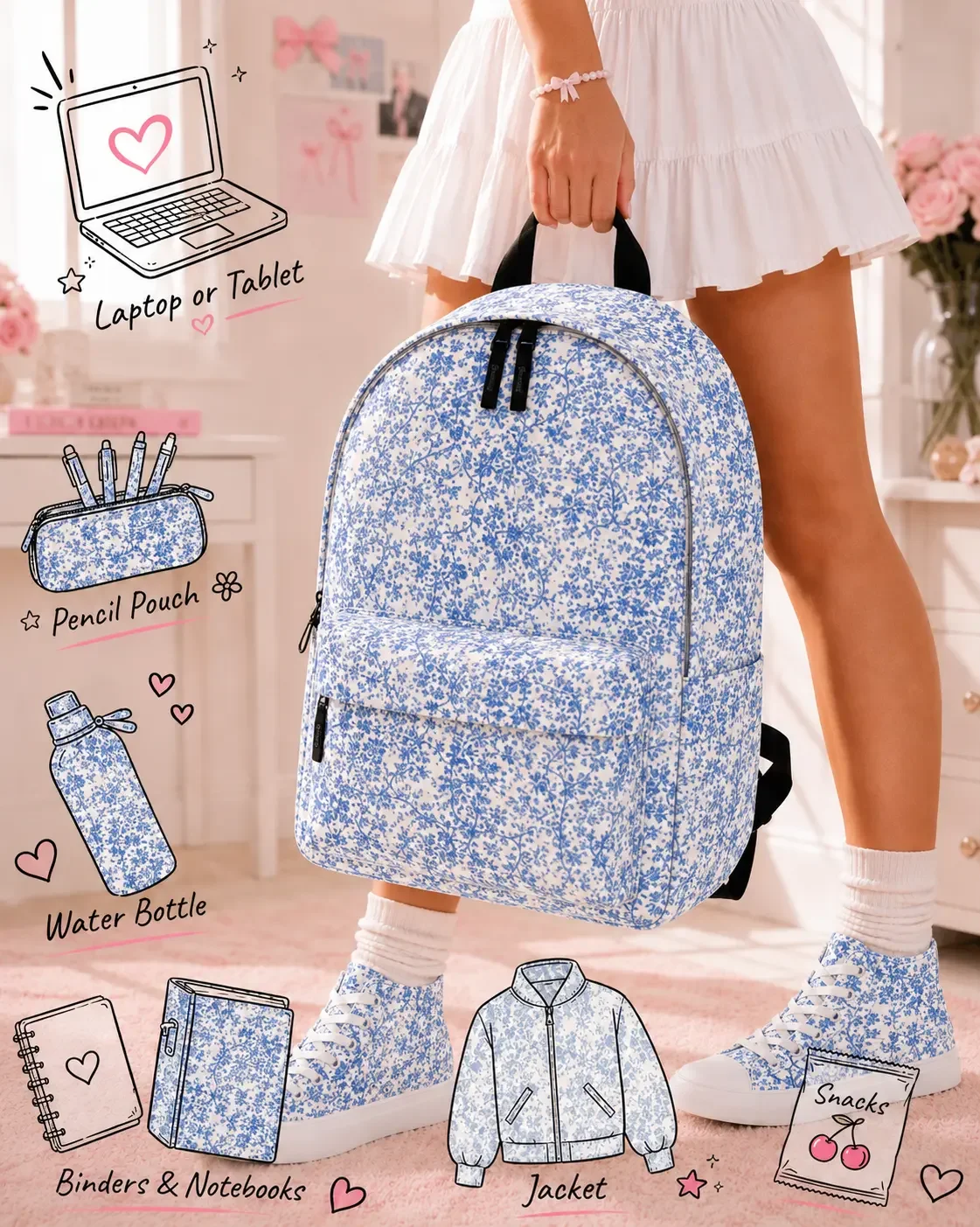 Product infographic displaying storage capacity illustrations alongside a woman holding a blue floral backpack.
