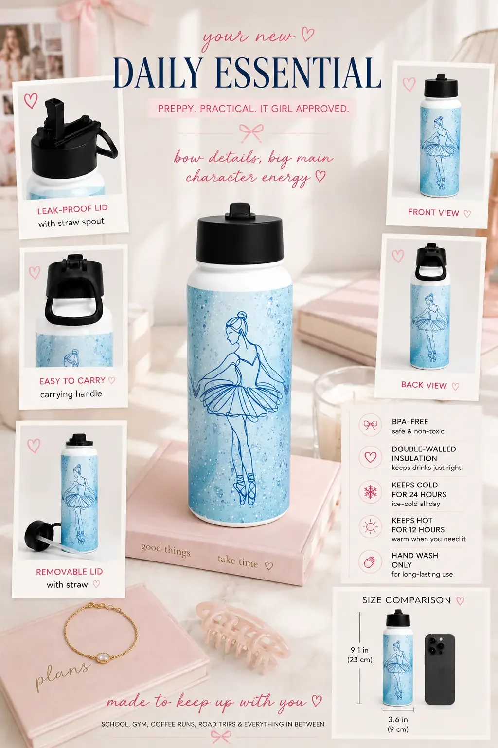 Infographic showcasing a blue ballerina water bottle's features, insulation stats, and size dimensions.