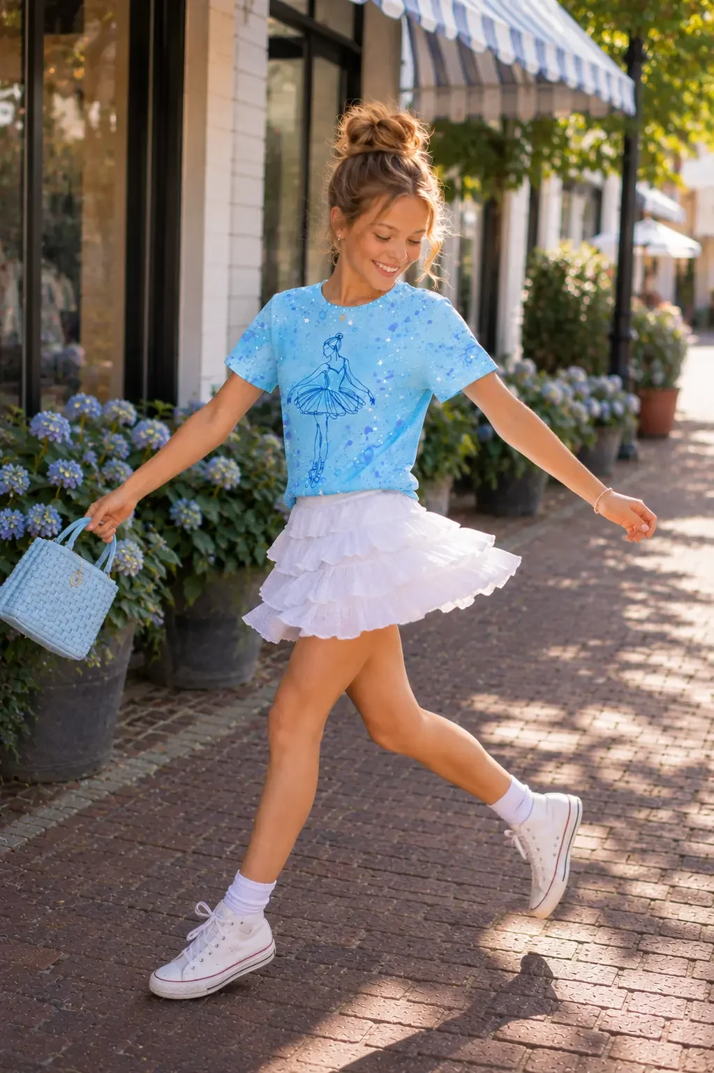 Smiling girl mid-stride running down a sunny city sidewalk wearing a blue splash-pattern ballerina graphic t-shirt, tiered white ruffle skirt, and white high-top sneakers.