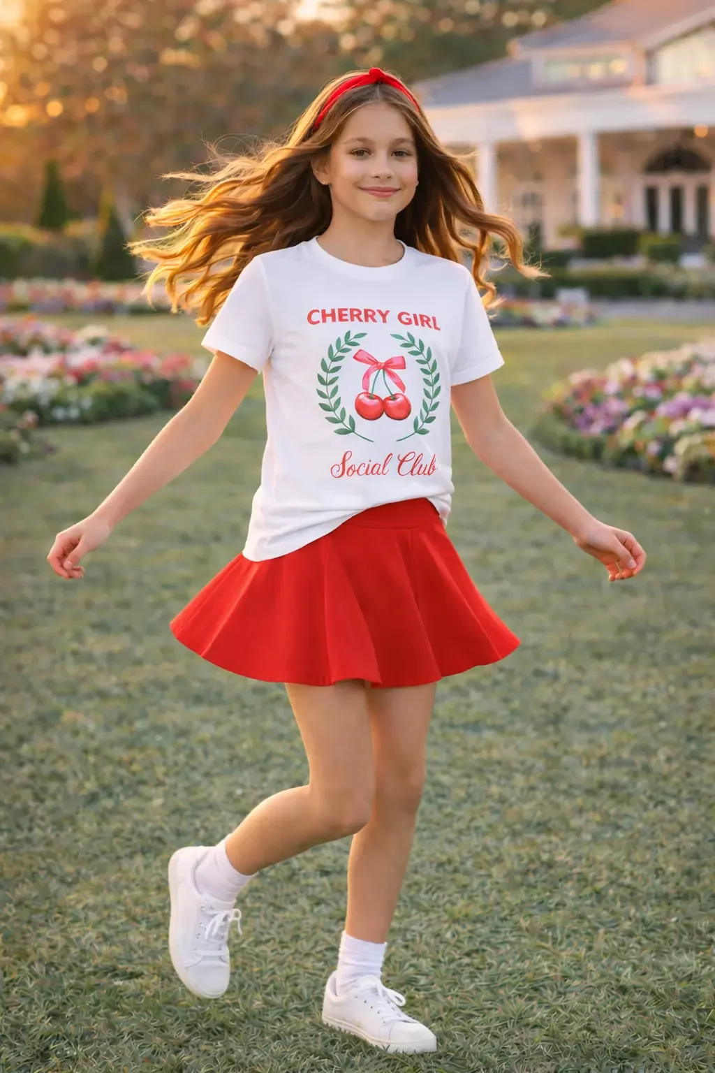 Action shot of a smiling young girl running and twirling across a garden lawn wearing a white "Cherry Girl Social Club" graphic tee, a red flared mini skirt, white sneakers, and a red headband.