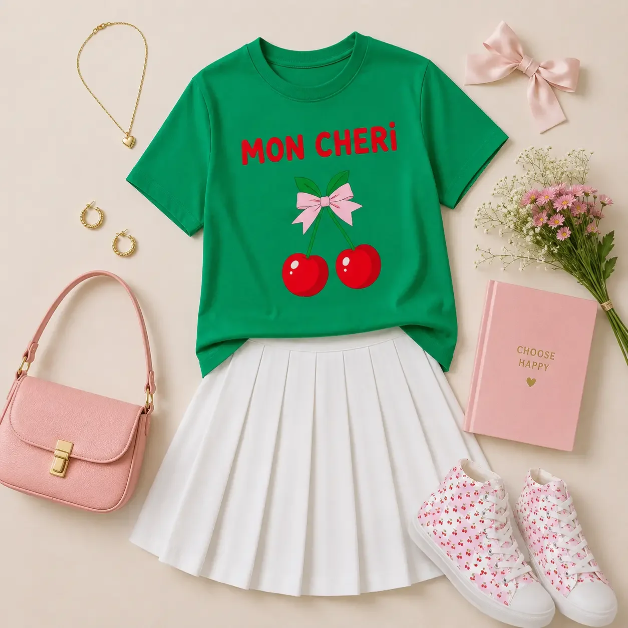 Flat lay arrangement of a green cherry graphic t-shirt, white pleated skirt, pink handbag, and patterned high-top sneakers.