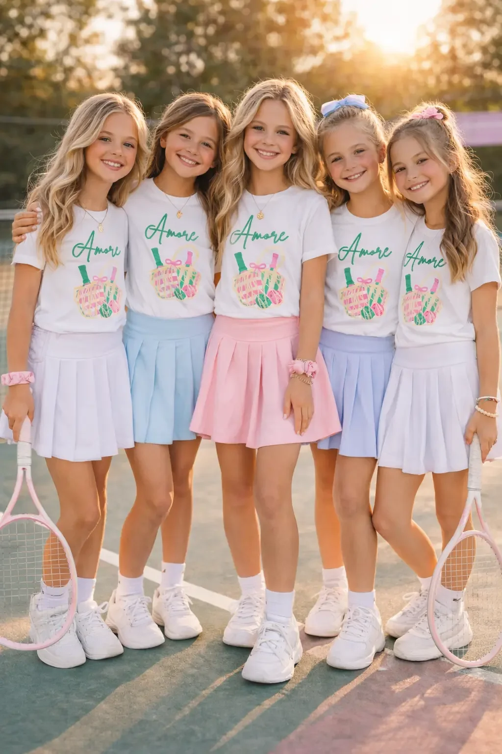 Five smiling young girls posing on a tennis court wearing matching white Amore graphic tees and colorful pleated skirts.