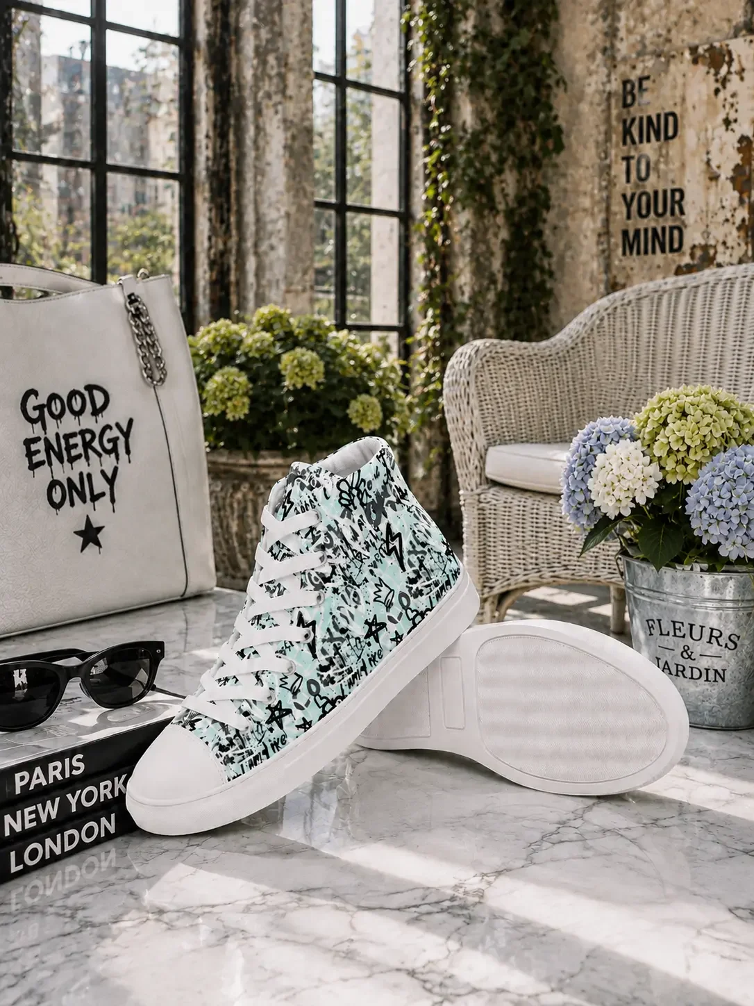 Mint green graffiti print high-top canvas sneakers displayed on a marble table with a white graphic tote bag in the background.