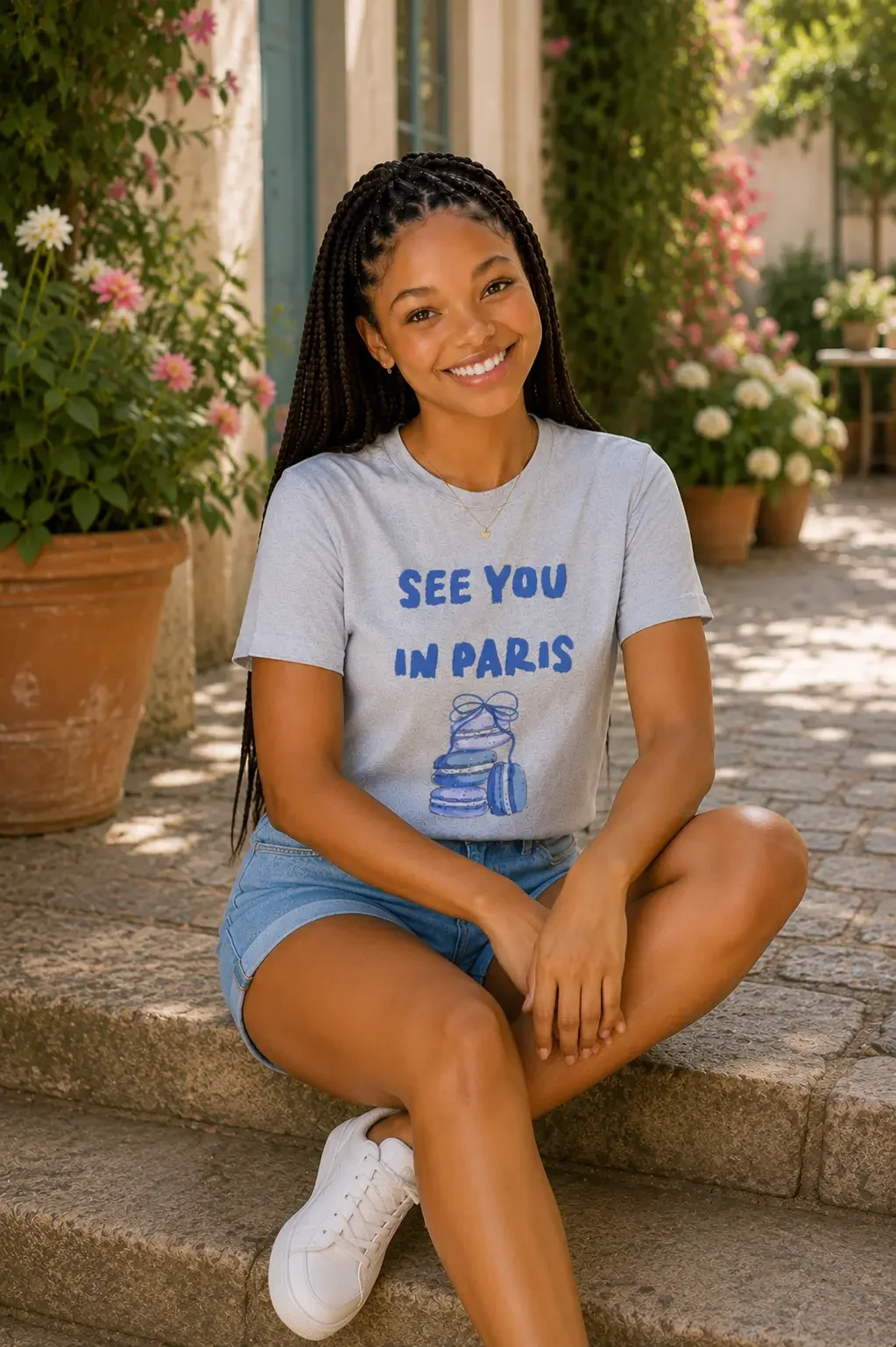 Smiling young woman with long braids sitting on stone steps wearing a grey See You In Paris macaron graphic t-shirt and white sneakers.