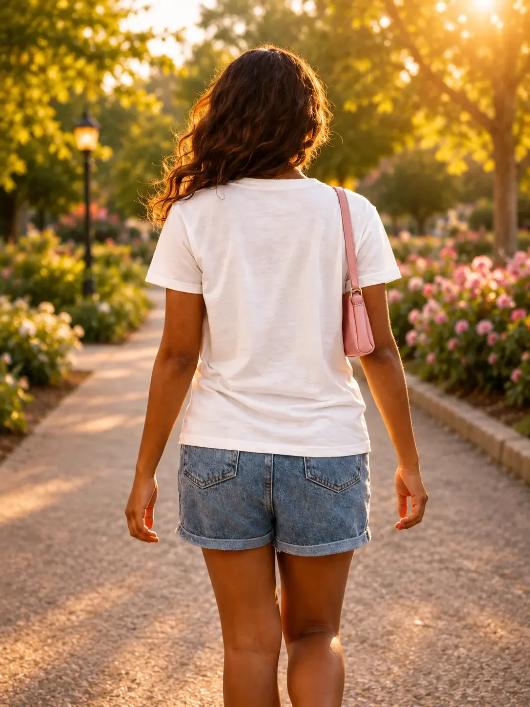 Back view of a woman walking in a park wearing a basic white t-shirt, cuffed denim shorts, and a pink shoulder bag.